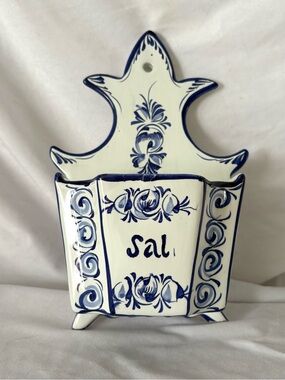 Vintage white blue ceramic salt cellar holder wall hanging Portugal home decor